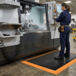 Pracovník pri CNC stroji na rohoži TOUGH LOCK s oranžovým nábehom