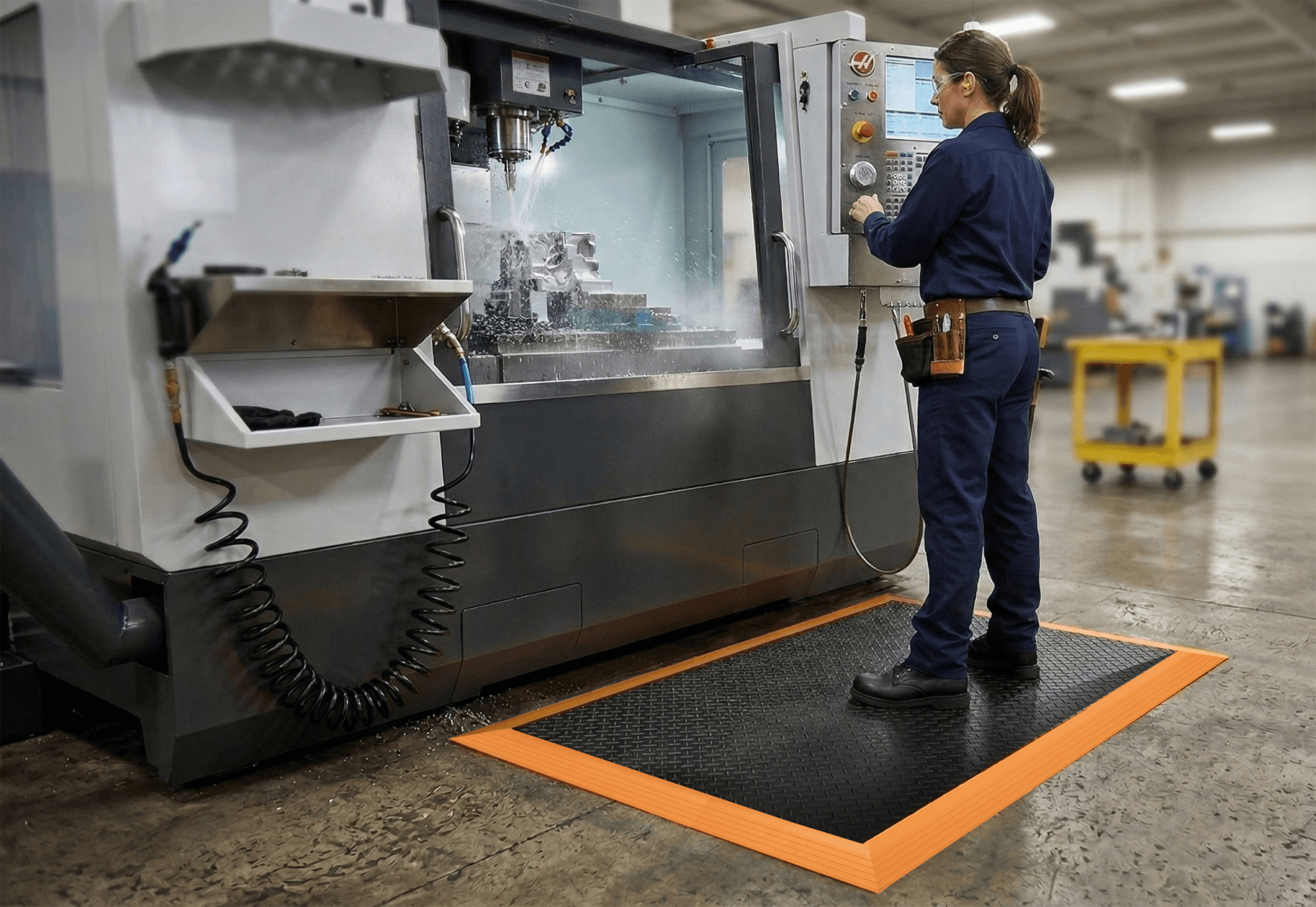 Pracovník pri CNC stroji na rohoži TOUGH LOCK s oranžovým nábehom