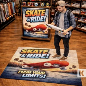 Reklamná rohož JET PRINT LUMA s motívom SKATE & RIDE pod zákazníkom v predajni skateboardov
