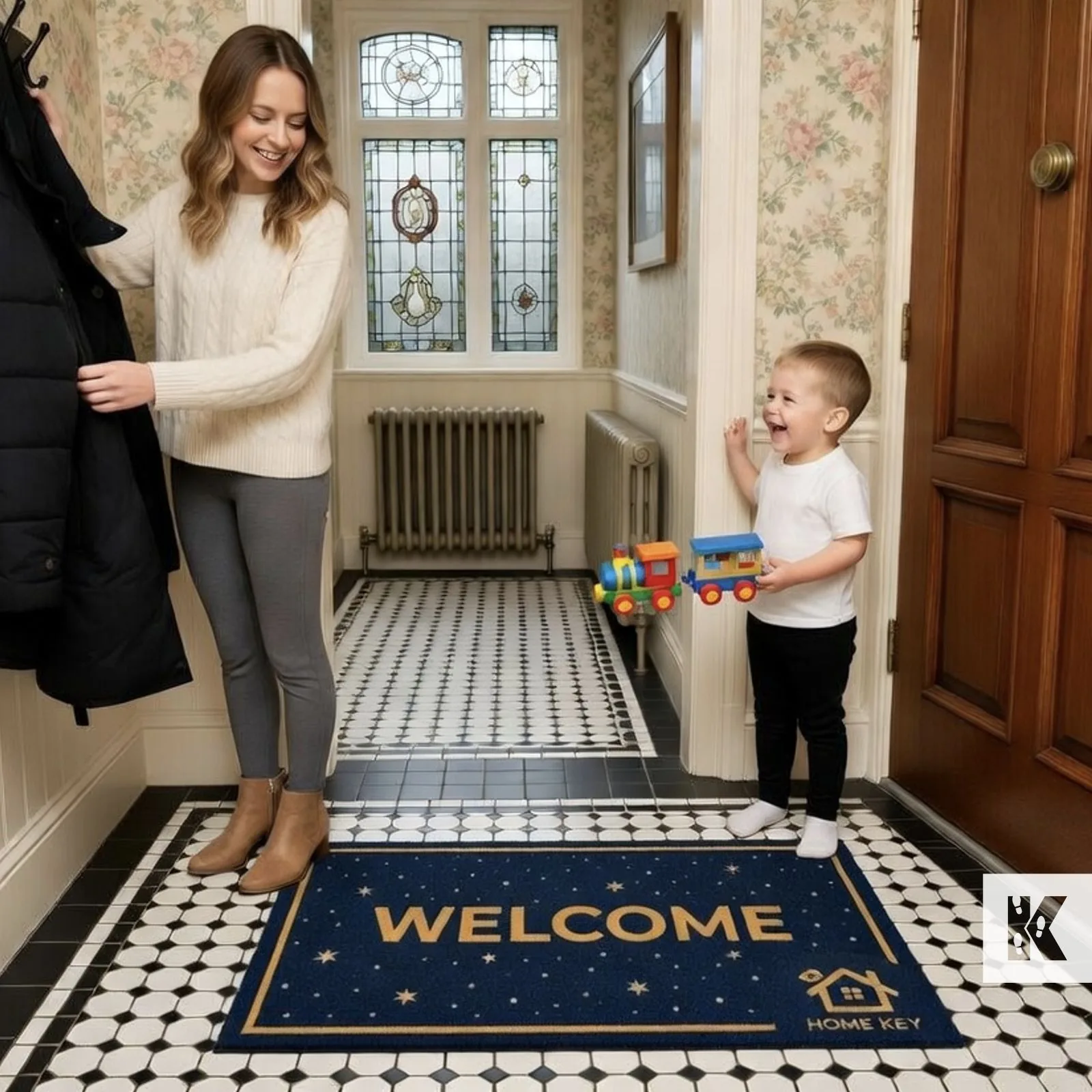 Modrá rohož JET PRINT LUMA s nápisom WELCOME pri vstupných dverách v interiéri domu